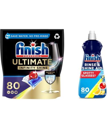 Bundle of Finish Ultimate Infinity Shine 80 Dishwasher Tablets Original + Finish Dishwasher Cleaner Rinse Aid | Scent : Lemon | Size : 400ml | for Ultimate Clean and Diamond Shine