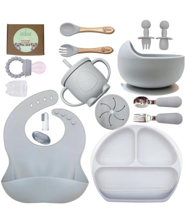 Baby Led Weaning Feeding Supplies for Toddlers O'doe Baby Feeding Set (17 Pcs) | Suction Silicone Baby Bowl Self Eating Utensils with Fruit Feeder Cup Bibs Food Plate Kit with Lid (Grey V2)