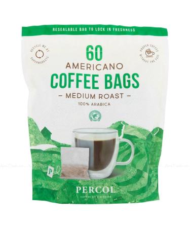 Percol Americano Medium Roast 100% Arabica Ground Coffee Bags Pack of - 100% Arabica - Smooth & Full-Bodied Aroma - Rainforest Alliance Certified - 60 x 8g