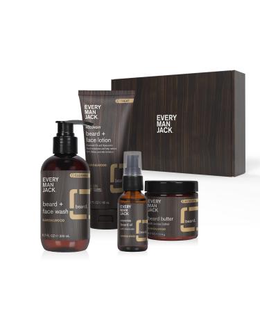 Every Man Jack Mens Sandalwood Beard Set- Perfect for Every Guy - Full-Sized Grooming Essentials - Beard + Face Wash, Recovery Beard + Face Lotion, Hydrating Beard Oil, Beard Butter, and Beard Comb Sandalwood Regimen Set