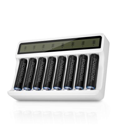 POWEROWL 2800mAh Rechargeable AA Batteries with Smart 8 Bay Battery Charger Low Self Discharge Ni-MH Double A Batteries 8 Count
