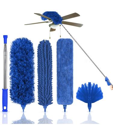 Microfiber Feather Duster, 5PCS Washable Cobweb Dusters for Cleaning Kit with 100" Extension Long Pole, Bendable Telescopic Duster for High Ceiling Fan, Blinds, Furniture & Cars Blue