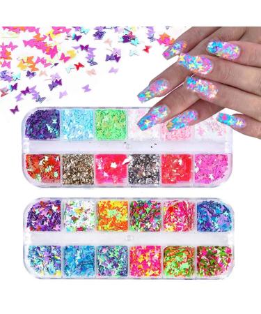 24 Color/Set 3D Butterfly Nail Glitter Sequins, Kalolary Laser Butterfly Nail Sequin Flake Acrylic Manicure Paillettes Face Body Lip Glitters for Nail Art Decoration Resin Mold DIY Makeup 2P-B