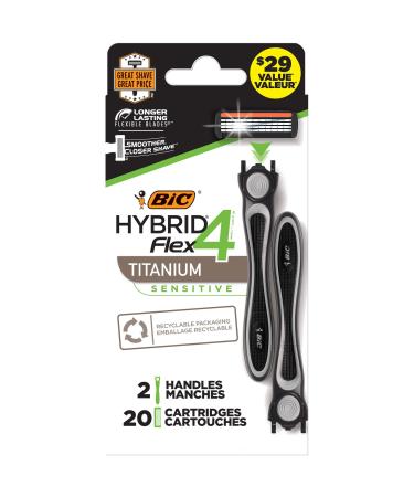 BIC Flex 4 Hybrid Men's 4-Blade Disposable Razor, 2 Handles and 20 Cartridges, Smooth and Close Shave Black 1 Count (Pack of 1)