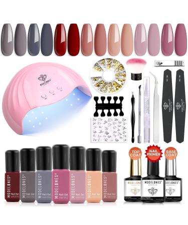 Modelones 7 Colors Fall Winter Gel Nail Polish Kit Starter with U V Light 48W LED Nail Dryer Lamp/Mirror Top& Base Coat/Nail Primer/Essential Manicure Tools Nail Art Starter Kit for Beginner DIY Salon Brown