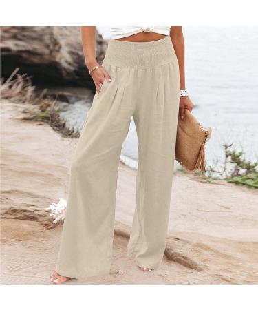 TUNUSKAT Women's Cotton Linen Wide Leg Palazzo Pants with Pocket - Medium, Khaki - Buy Online on SooperMarket.com