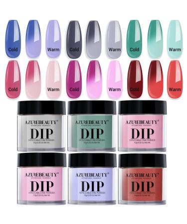AZUREBEAUTY Dip Powder Nail Set Color Changing, Blue Green Pink Red Grey 6 PCS Trend Ombre Cold Warm Temperature Mood Dipping Powder French Nail Art Manicure DIY Salon Gifts, No Need Nail Lamp Cured