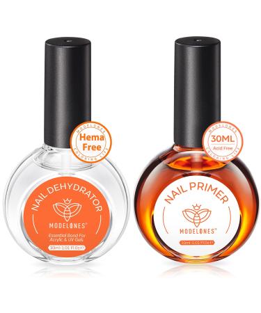 modelones 30 ml Nail Dehydrator and Primer Acid Free Natural Nail Prep Dehydrate & Bond Primer Kit Hema-Free Acrylic Nail Supplies Primer Top Coat