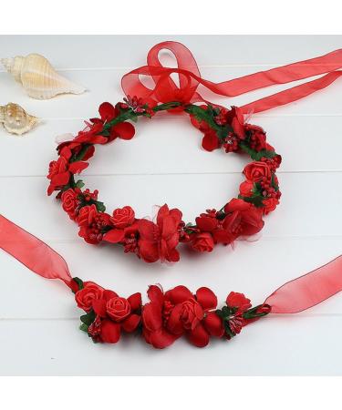 AISI Red Flower Wreath & Bracelet Set | Boho Hair Band & Crown for Wedding & Festival - Buy Online on SooperMarket.com