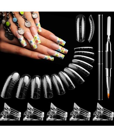 240 Pieces Reusable Nail Forms for Acrylic Nails Clear Dual Fake Nail Art Molds 12 Sizes Nail Extension Forms with Scale Nail Clips Gel Brush Pen Acrylic UV Nails Extension Tool Kit