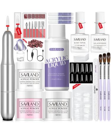 Saviland Acrylic Nail Kit with Drill - Acrylic Powder Nails Kit Acrylic Set with Nail Tips 3 Colors Acrylic Powder and Liquid Set Professional Acrylic Nail Set for Beginners DIY Nail Extension & Carving