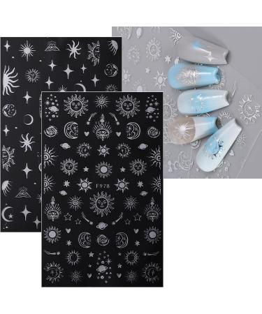JMEOWIO Self-Adhesive Silver Nail Art Stickers - Moon, Star, Sun Design - 8 Sheets - Buy Online on SooperMarket.com