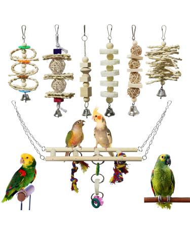 BWOGUE 7 Packs Bird Parrot Toys Natural Wood Chewing Toy Bird Cage Toys Hanging Swing Hammock Climbing Ladders Toys for Small Parakeets, Cockatiels, Conures, Finches,Budgie, Parrots, Love Birds