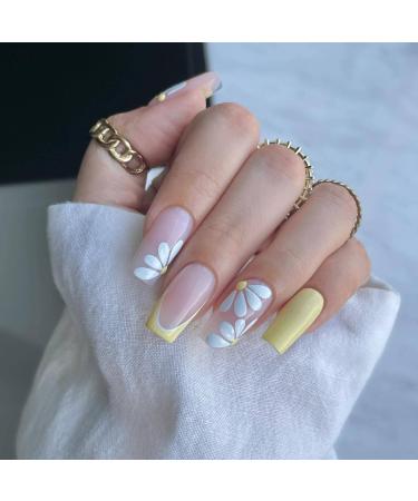 Yellow Daisy French Tip Press on Nails - 24Pcs Short Square False Nails for Women - Buy Online on SooperMarket.com