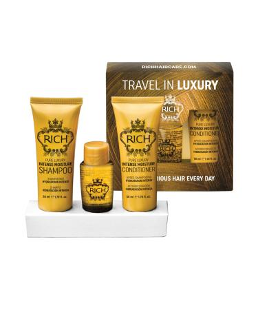 RICH Travel in Luxury Gift Set - Intense Moisture Shampoo 1.70 Fl Oz Conditioner 1.70 Fl Oz Argan Oil Elixir 1.0 Fl Oz for moisturzing hair