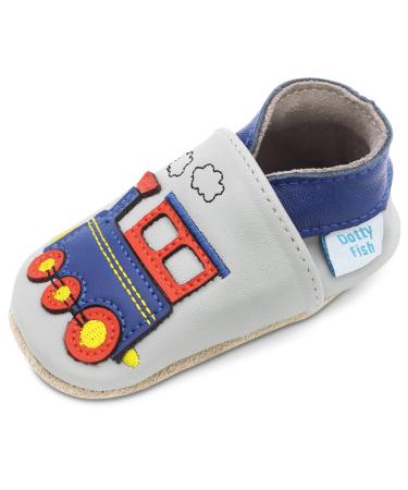Dotty Fish Soft Leather Baby Shoes. Toddler Shoes for Boys. Non-Slip Suede Soles. 0-6 Months - 4-5 Years 18-24 Months Grey Train