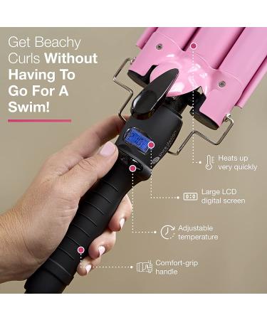 3 Barrel Curling Iron Wand - Triple Barrel Hair Waver for Soft Beach Waves - Dual Voltage, Adjustable Temperature - Pink - Buy Online on SooperMarket.com