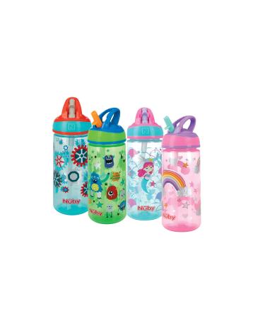Nuby 2 Pack Iridescent Flip-it Kids On-The-Go Printed Water Bottle with Bite Proof Hard Straw - 18oz / 540 ml 18+ Months 2 pk Prints May Vary Colors May Vary