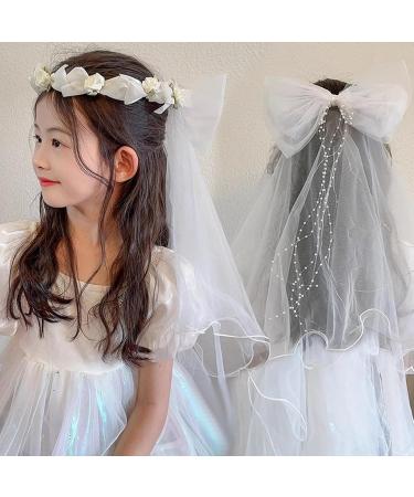 First Communion Veil with Light and Crystal First Holy Communion Veil for Girls White Bow and Flower Crown Lace Veil First Communion Headpiece for Girls First Communion Veil - Buy Online on SooperMarket.com