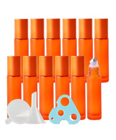 Tianzd 12 pieces empty 10ml matt orange glass roller bottles with aluminum screw cap roll-on glass bottles with glass roller for essential oils essential oil with funnel opener
