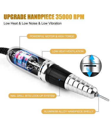 JUEMEL Professional Nail Drill Machine 35000rpm with Foot Pedal, Forward/Reverse Rotation, 125pcs Nail Drill Bits - Electric File for Gel Nails, Acrylic Manicure Pedicure Tool Kit, High-Speed Polishing & Shaping - Wall Plug Included - Buy Online on SooperMarket.com