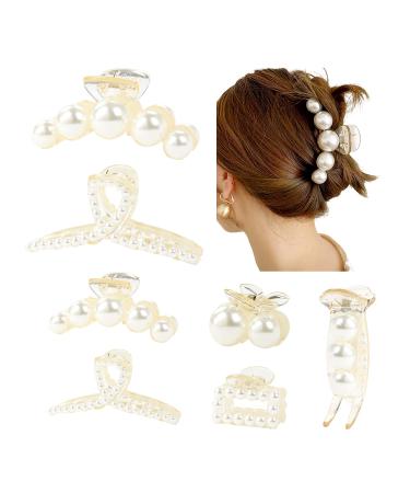 inSowni 7 Pack Pearl Plastic Hair Claw Clips White Fancy Non Slip Jaw Barrettes Elegant Hair Styling Grip Clamps Korean Decorative Wedding Bridal Hair Accessories Bulk for Women Girls Thin Thick Hair