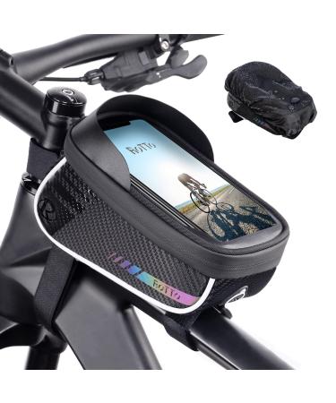 ROTTO Bicycle Frame Bag Top Tube Bag Cell Phone Bag Cell Phone Holder Waterproof with Rain Cover Black V1