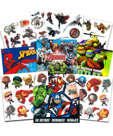 Super Hero Tattoos Party Favors Set -- 150 Superhero Temporary Tattoos Featuring Marvel Avengers, Spiderman and Teenage Mutant Ninja Turtles Bundle with Avengers Reward Stickers