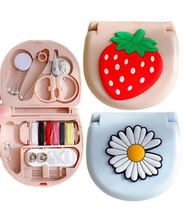 FKOG 2Pcs Mini Sewing Project Kit, Portable Travel Sewing Kits Family Sewing Supplies Repair Kit Sewing Thread Accessories DIY Sewing Supplies Organizer (Strawberry Style)