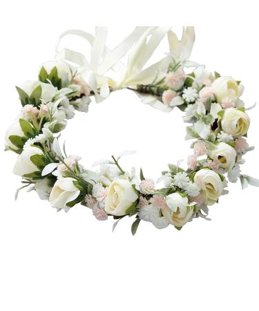 Hjhiwe adjustable wedding hair clerk flower headdress for women girl bride white rose bridal crown boho style rustic roses head bands with band for wedding family travel photography beige