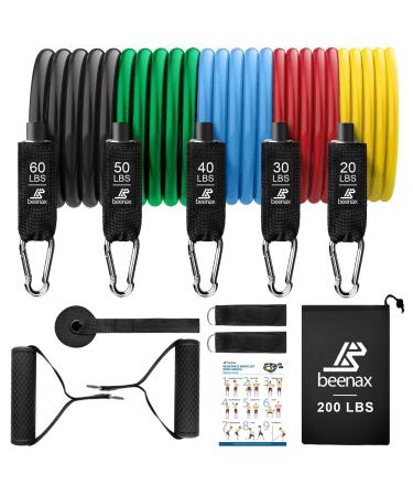 Beenax Resistance Bands Set with Handles - Heavy Duty 12pcs Exercise Bands Up to 100/150/200 LBS - Fitness Training Tubes for Home Gym Physio - Large Handles Ankle Straps Door Anchor Carry Bag 200 LBS (Multicolour)