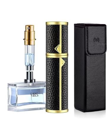 Travel Perfume Bottle Refillable Genuine Leather Perfume Atomizer Leakproof Mini Pocket Size Travel Cologne Sprayer for Cruise Car Trip Purse Gift 5ml (Black - L)