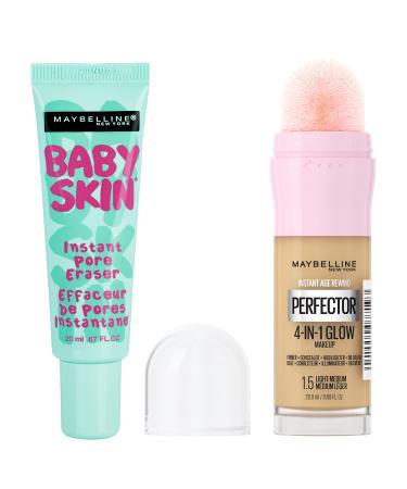 Maybelline Baby Skin Instant Pore Eraser Primer Clear + Maybelline New York Instant Age Rewind Instant Perfector 4-In-1 Glow Makeup Light/Medium Bundle