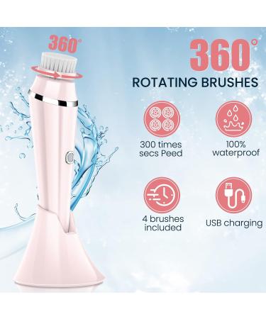 4 in 1 Facial Cleansing Brush - Electric Face Spin Brush with 4 Replacement Heads for Cleaning Exfoliating Massaging (Pink) - Buy Online on SooperMarket.com