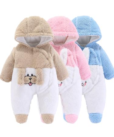 Newborn Baby Cartoon Bear Snowsuit Winter Coat Fleece Hooded Romper Jumpsuit 3-6 Months Khaki Dog