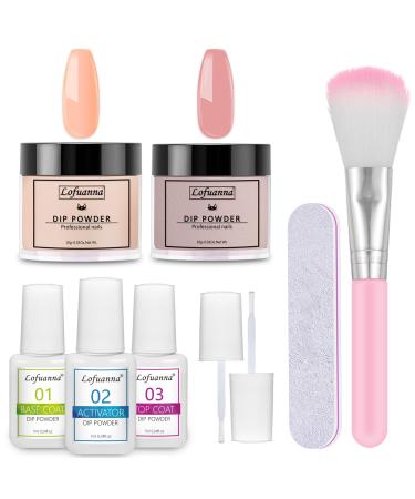 Lofuanna Dip Powder Nail Starter Kit-2 Colors Nail Dipping Powder with Base Top Coat Activator No UV/LED Needed 9Pcs Dip Powder Set DIY French Nail Art Manicure Set for Beginners (Nude Set)