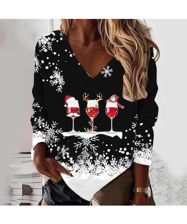 Women's Lightweight Christmas Print Sweatshirt - Loose Fit V Neck Pullover, Snowman Tree Design, Long Sleeve Top - Casual Crew Jersey - Wine (Small) - Buy Online on SooperMarket.com