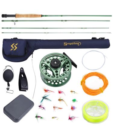 Soougayilang fly fishing rod and roll combo 4-part light portable graphite fly rod and CNC-made aluminum roll Complete package with rod shell green-fly fish combo #5/6
