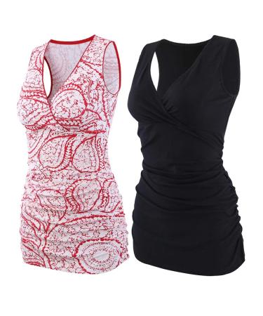 ZUMIY Maternity Nursing Top Pregnant Breastfeeding Shirt Women's Cotton V Neck Ruched Waist Double Layered Tank M Black+red Printing/2-pk