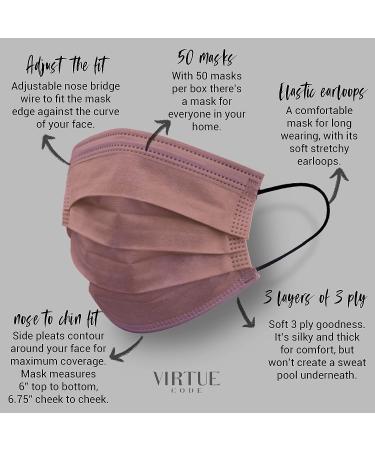 Virtue Code Earth Tones Disposable Face Mask Pack - 50 Cute Masks for Men and Women in Cream, Pink, Burgundy, and Beige Colors - Buy Online on SooperMarket.com