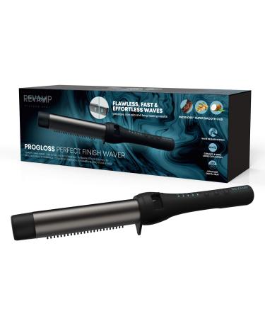 REVAMP Progloss Perfect Finish Waver - Ceramic Wave Wand with Retractable Bristles Create Long-Lasting Smooth Curls Ultra-Fast Heat Technology Ceramic Ionic Barrel Infused w/Super Smooth Oils Silver