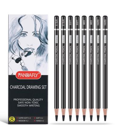 PANDAFLY Professional Charcoal Pencils Drawing Set - 8 Pieces Super Soft, Soft, Medium and Hard Charcoal Pencils for Drawing, Sketching, Shading, Artist Pencils for Beginners & Artists Black