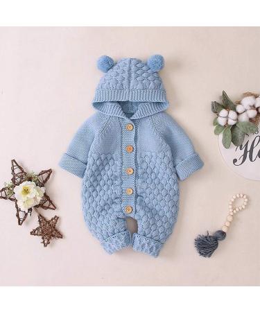 Knitted Hooded Romper Onesie | Baby Boy Girl Clothes | Long Sleeve | 0-6 Months | Light Blue-Hairball - Buy Online on SooperMarket.com