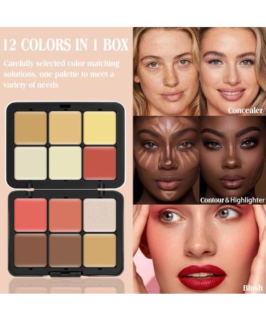 12 Colors Cream Makeup Palette for Cheeks - Blush Contour Concealer & Highlighter - Waterproof & Long-Lasting with Brush - Multi-functional Face Palette (Set #05 - Buy Online on SooperMarket.com