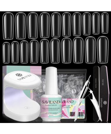 Saviland Nail Tip and Glue Gel Kit - 500 Pcs Square Gel Nail Tip Full Cover with 4 in 1 Nail Gel Glue and Portable Mini U V LED Nail Lamp Easy DIY Nail Extension Set Acrylic Nail Kit A2-Medium Square