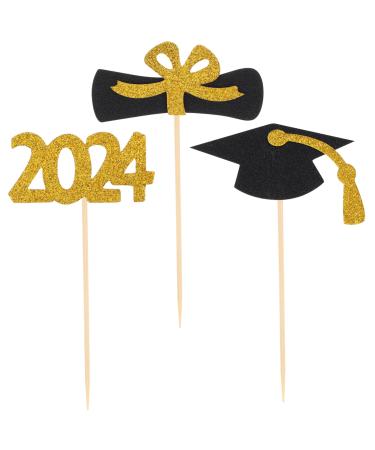 12Pcs Graduation Cupcake Toppers Glitter Cake Toppers Class of 2024 Congrats Grad Cap Diploma Cupcake Picks for Graduation Party Decorations -Golden Black