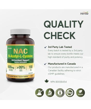 Herba NAC Supplement 600mg 180 Vegetable Capsules | N-Acetyl-L-Cysteine | NAC Supplement 600 mg for Antioxidant | Premium & Pure | Product of Canada | 180 Capsules - Buy Online on SooperMarket.com