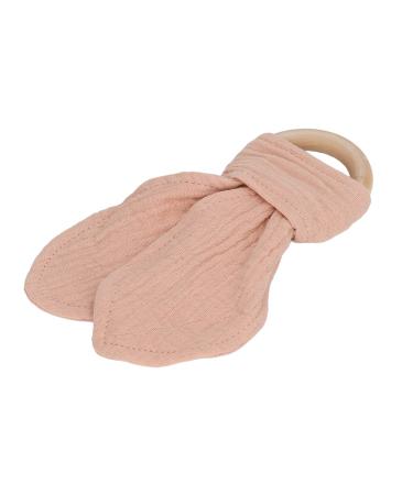 Baby teeth wooden ring baby wooden ring bite ring rabbit ears design soothing bite -proof cotton gauze finely processed for babies (peach beige)