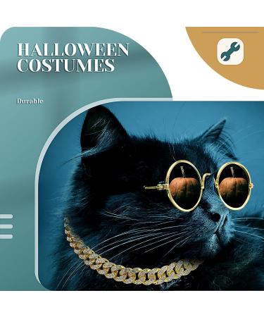 Gold Cat Dog Chain Collar & Sunglasses Set | Rhinestone Cuban Collar Chain | Retro Round Glasses for Pets | Cosplay Party Costume Props (12 Inch) - Buy Online on SooperMarket.com