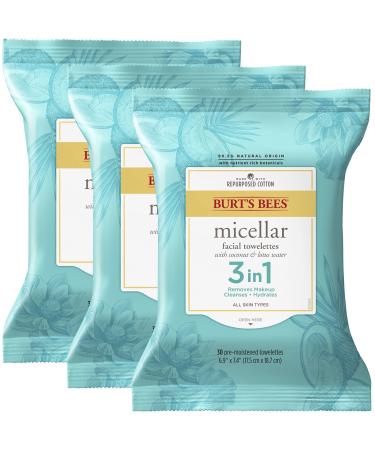 Face Wipes, Burt's Bees Facial Cleansing, Makeup Remover Towelettes, 3 in 1 Hydrating Micellar Cleanser with Coconut & Lotus Water, 90 Count (Packaging May Vary)